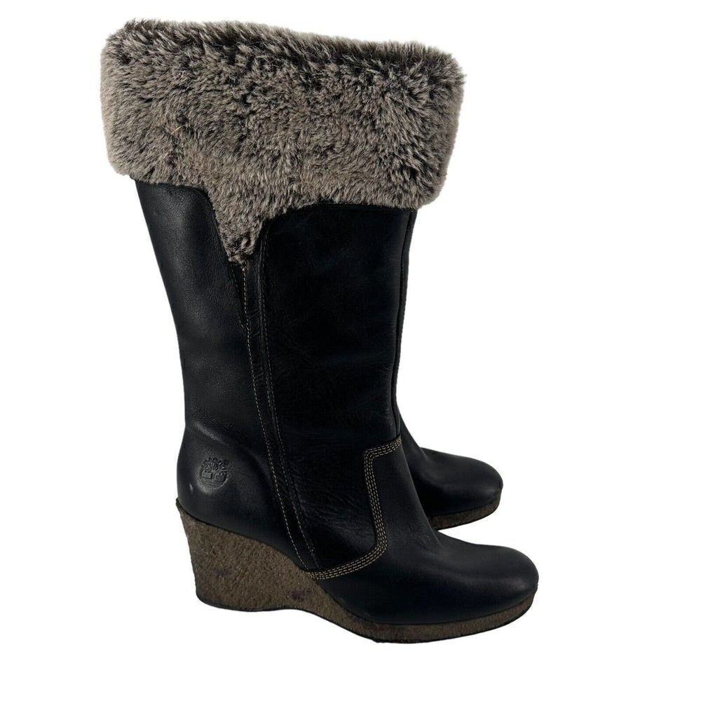 Timberland Monogram Tall Boots Faux Fur Lined Black Leather Size 9 Wedge Heel
